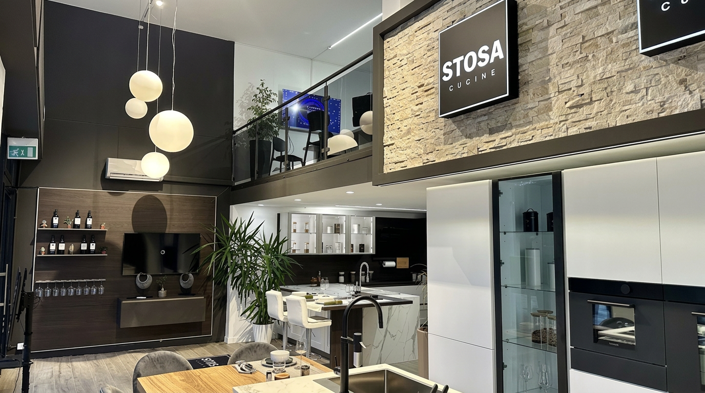 Showroom Mobili Estensi: cucine Stosa esposte nello spazio espositivo di Lido degli Estensi